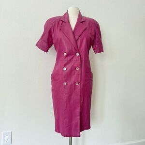 Vintage Remy Women's Size 6 Pink Dress Short Sleeve Leather Trench Coat Jacket